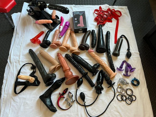 A collection of dildos and sexy toys laid out on a bed 