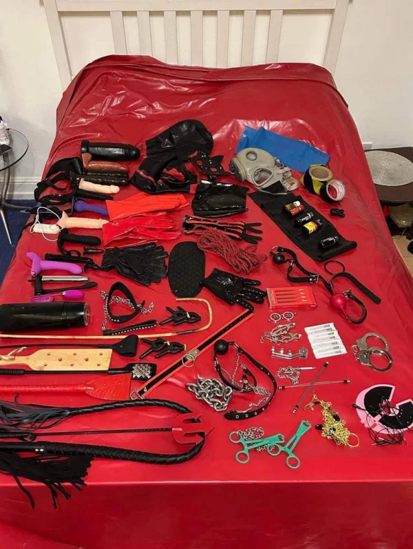 A picture of a bed full of sexy toys 