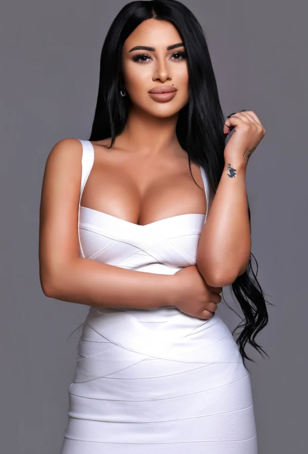Stunning brunette lady in sleek white dress