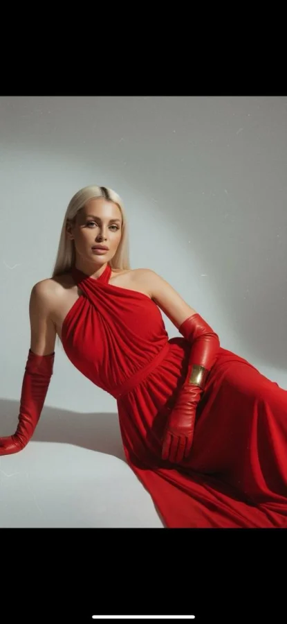 Shelby wearing a long red dress and gloves 