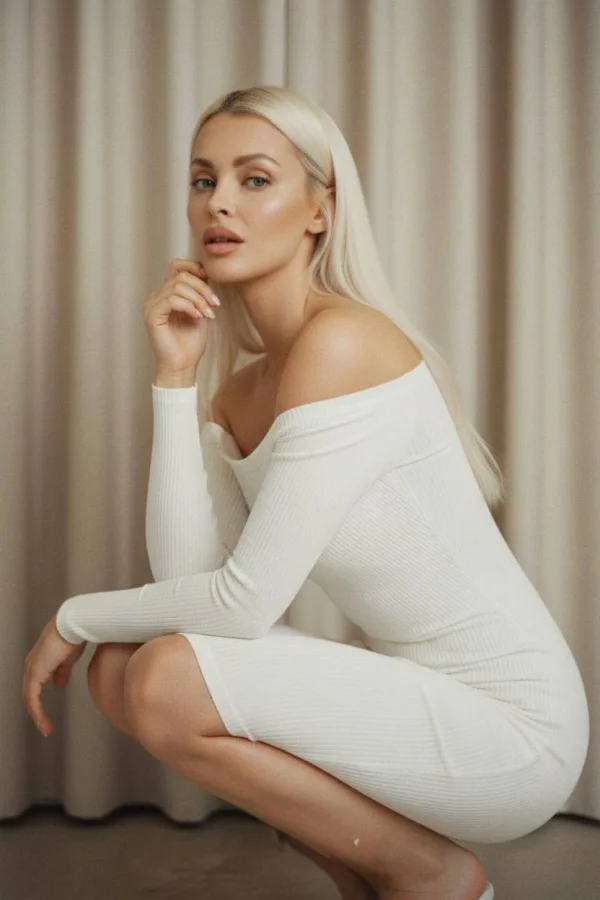 Earls Court escort lady Shelby is pictured wearing a white dress 