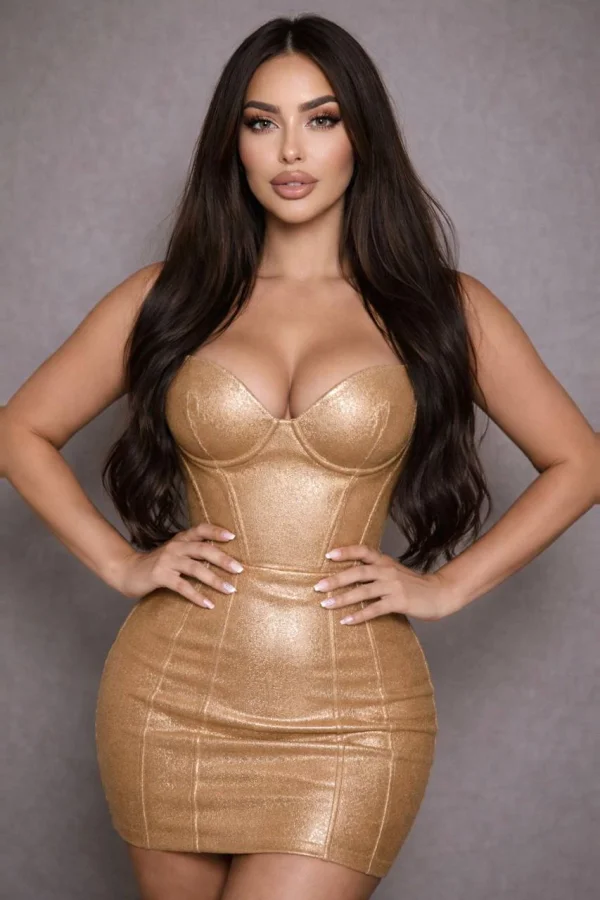London escort from Brazil Vanessa - Lux wearing a gold dress 