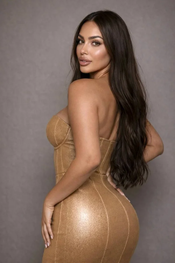 Vanessa - Lux wearing a gold dress that is tight fitting to show off her arse 