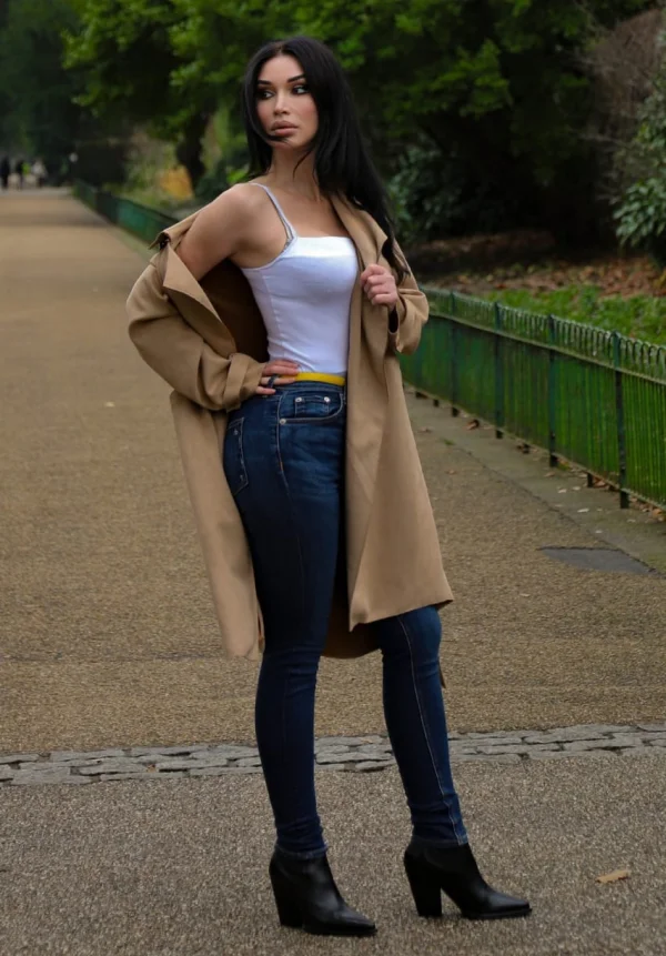 Russian escort Rosaline wearing a long beige mac 