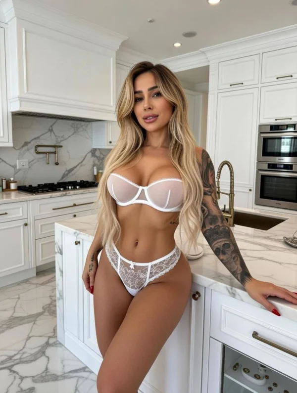 Tattooed blonde lady standing in a kitchen wearing white lingerie 