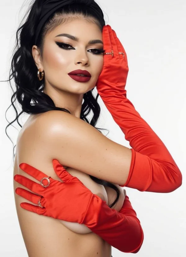 Sexy side shoot of Daiva wearing red velvet gloves 