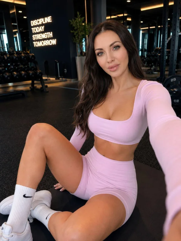 Trim sexy busty escort Alexandra taking a selfie in the gym 