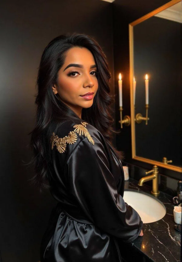 Jessamine wearing a silk black robe in an elegant bathroom interior