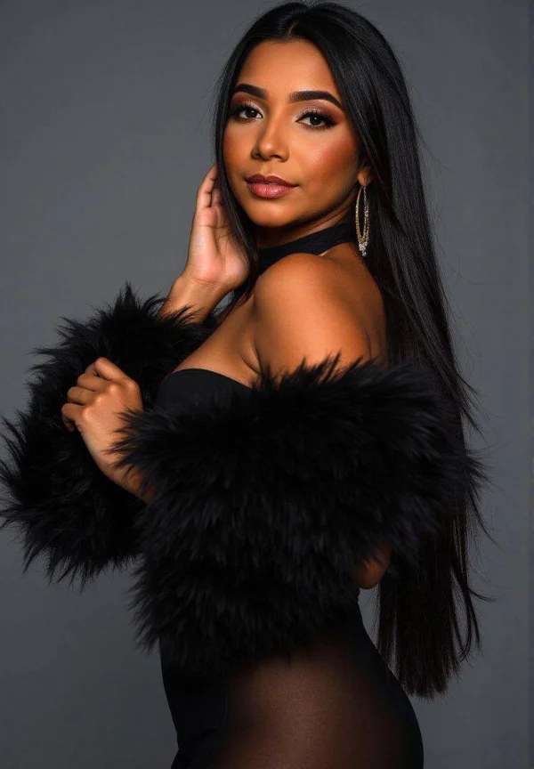 Brazilian companion Jessamine in a sophisticated black outfit with fur details