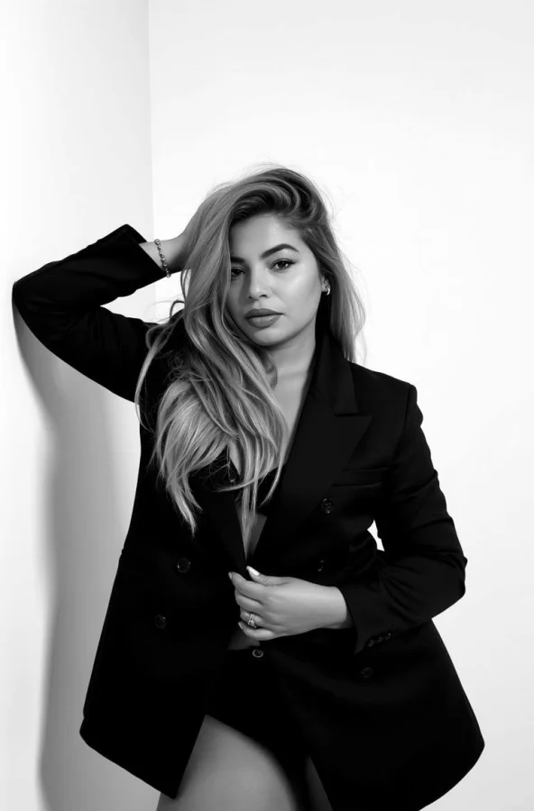Black and white portrait of Charitie wearing an oversized blazer